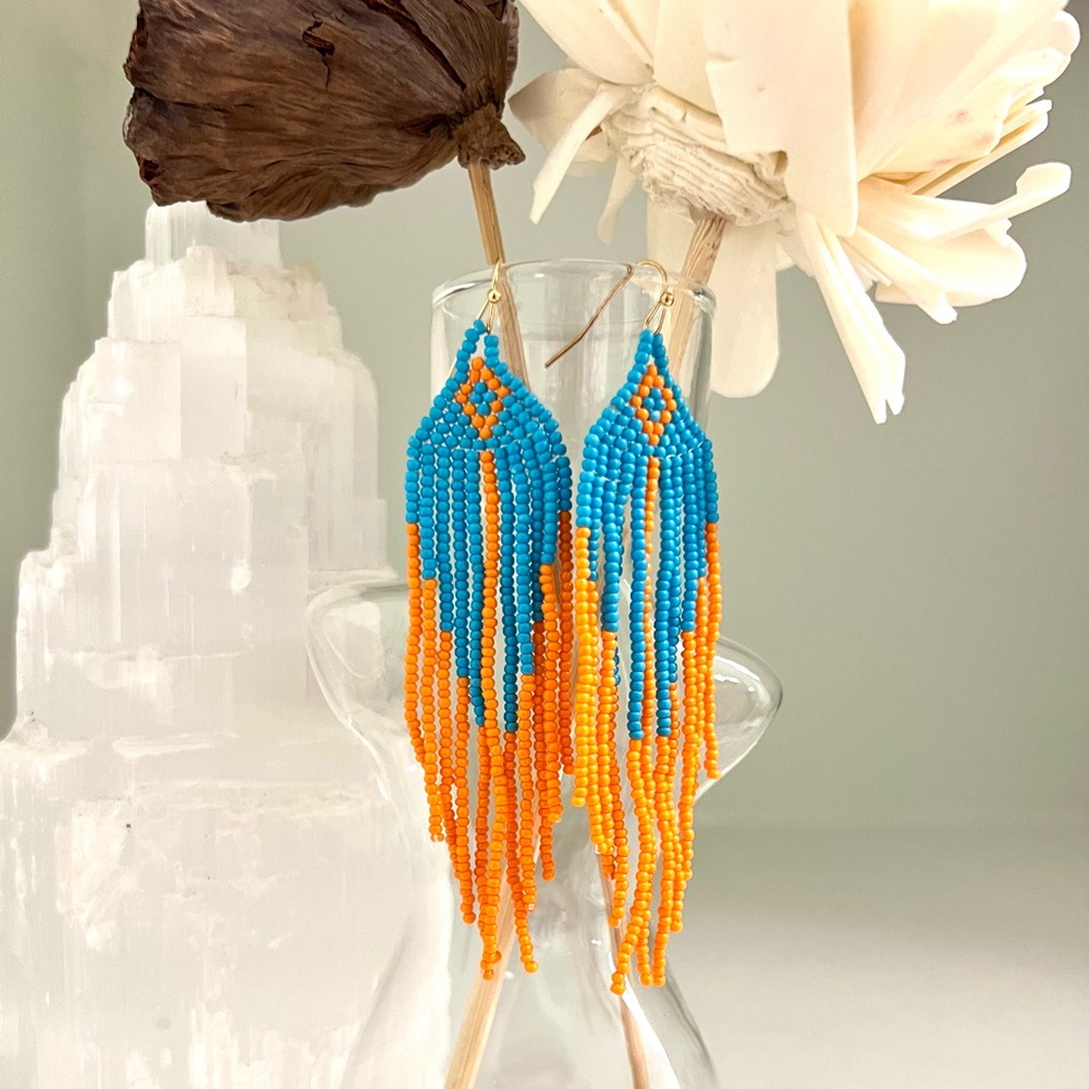 Beaded Fringe Earrings in Blue and Orange